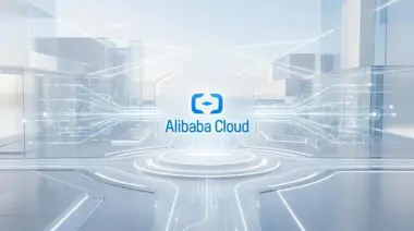 Alibaba Cloud Tongyi Qianwen AI architecture with futuristic digital network and cityscape.