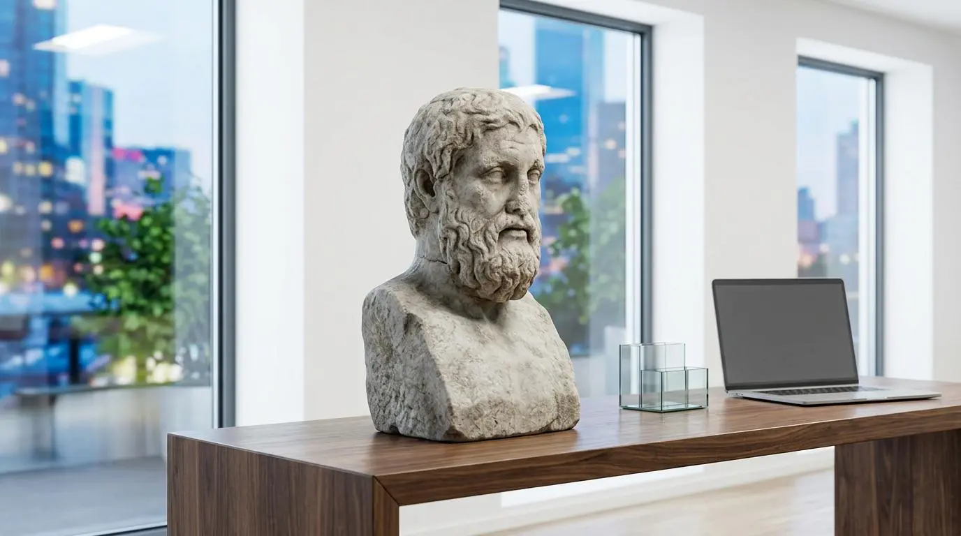 Ancient stone bust on modern office desk, symbolizing timeless business books that shaped the world's richest.