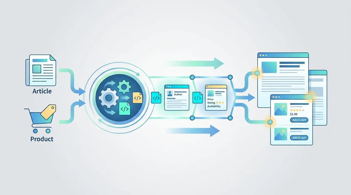Article and product schema metadata injection pipeline for automated vertical image generation.