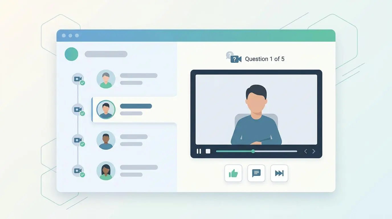 Asynchronous video interviewing platform interface, showcasing candidate profiles and question progress for the future of talent acquisition.