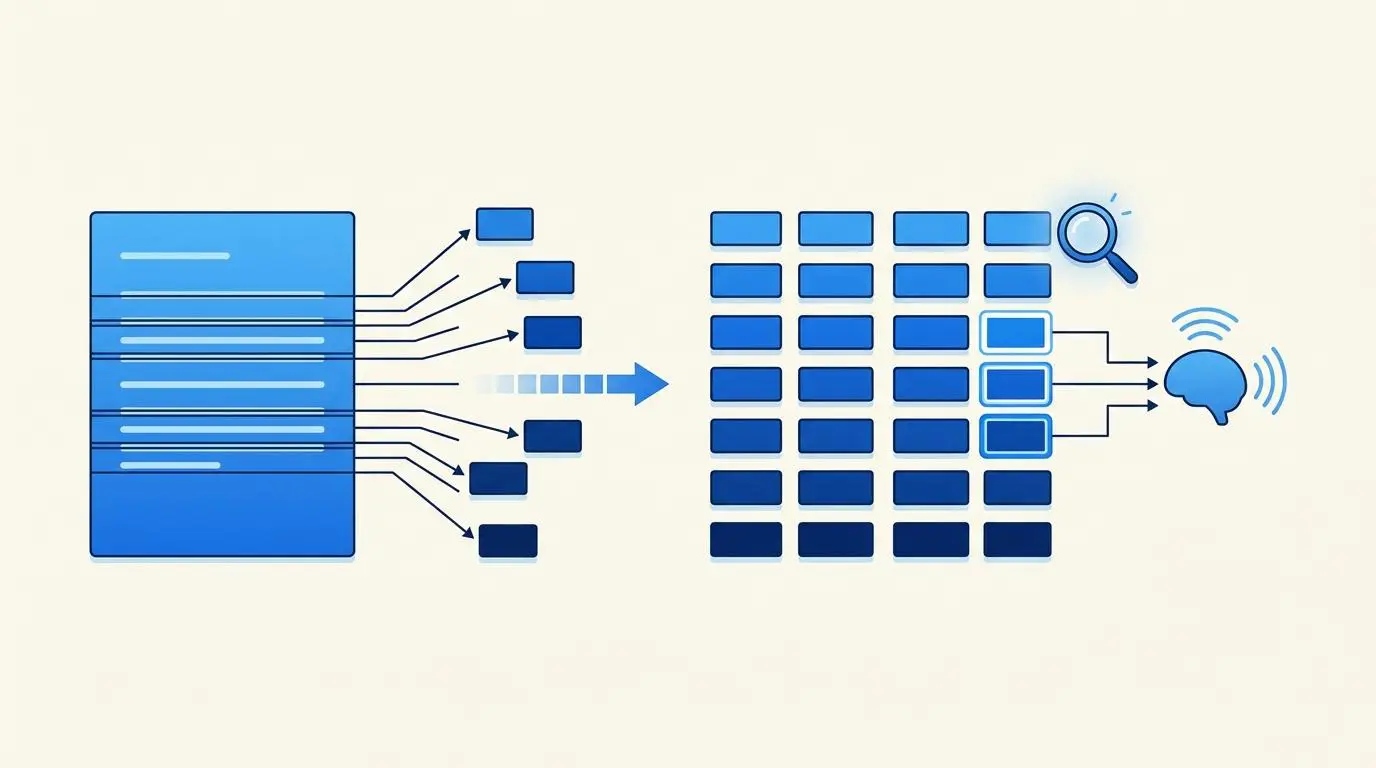 Atomic passage chunking for RAG: data split and fed to AI brain.