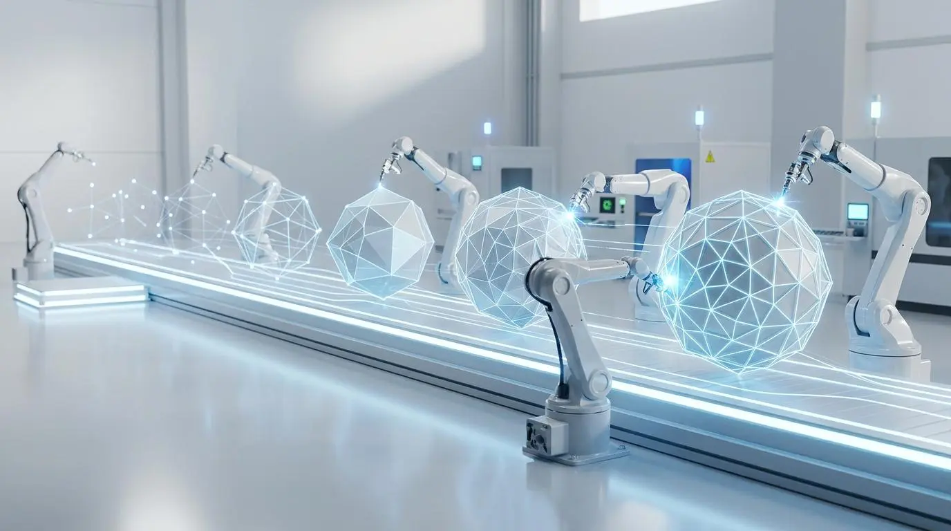 Robotic arms on a digital assembly line creating interactive 3D product models from 2D images.