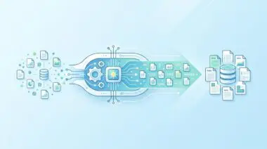 AI generating synthetic test data from staging deployments with data processing icons.