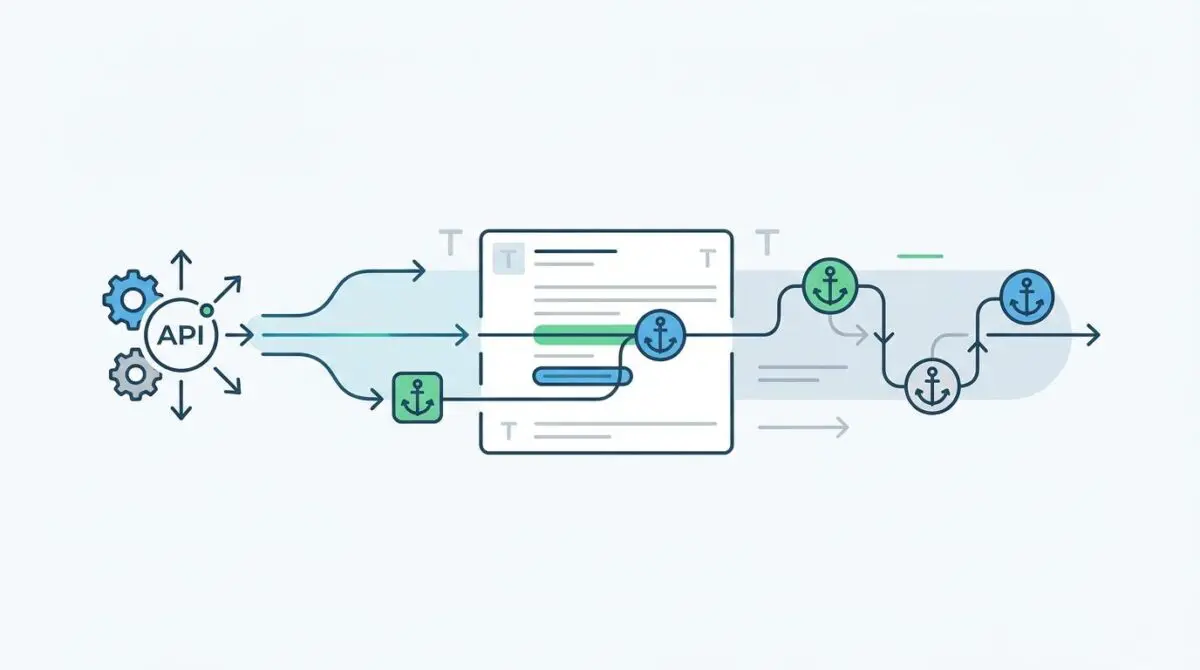 API connected to dynamic internal links with anchor icons, illustrating automated topic detection.