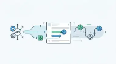 API connected to dynamic internal links with anchor icons, illustrating automated topic detection.