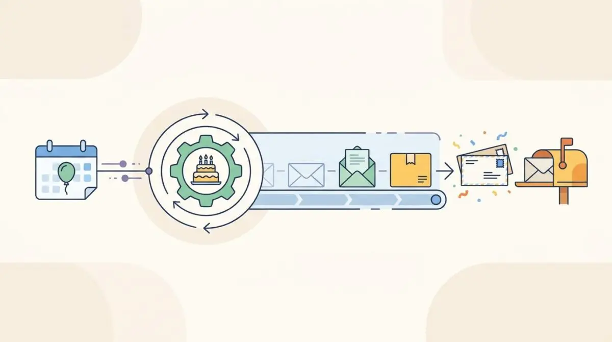 Automated real-time birthday tracking leads to instant physical greeting card delivery.