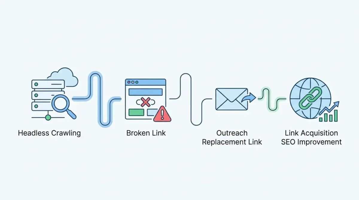 Automated broken link building workflow: headless crawling, broken link identification, outreach, and link acquisition.