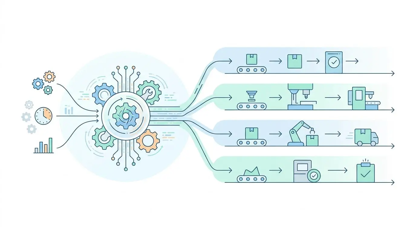Automated instant synchronization of CAD design to MES for real-time production changes visualized with gears and workflows.