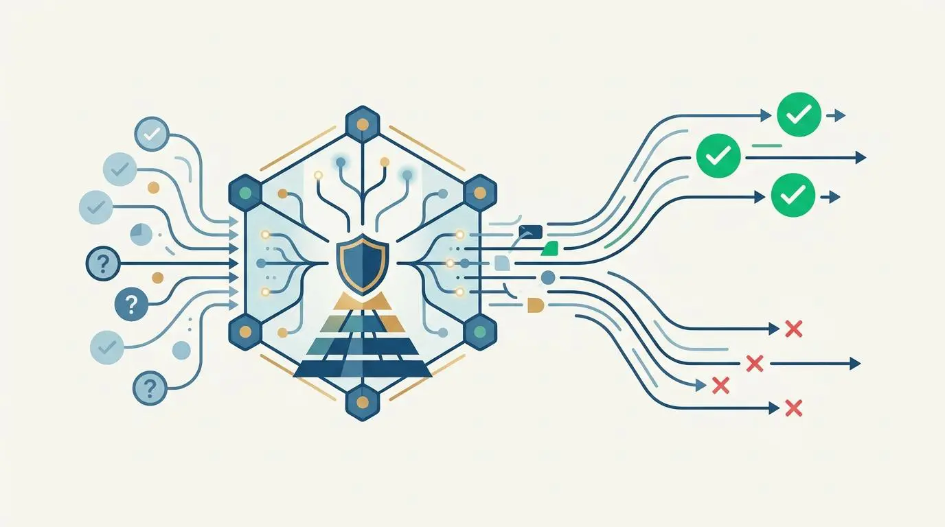 AI content verification: Automated schema validates source authority with checkmarks for approval and crosses for rejection.