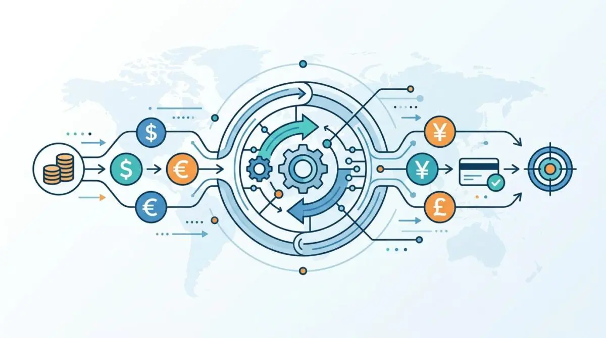 Automated currency exchange system with global currency symbols and payment processing.