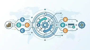 Automated currency exchange system with global currency symbols and payment processing.