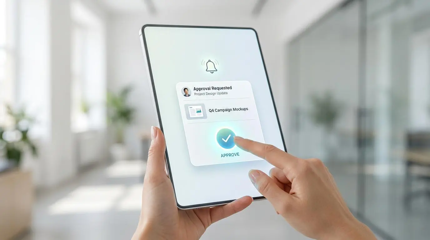 Hand taps 'APPROVE' on tablet for predictive maintenance deployment triggered by IoT sensor data.