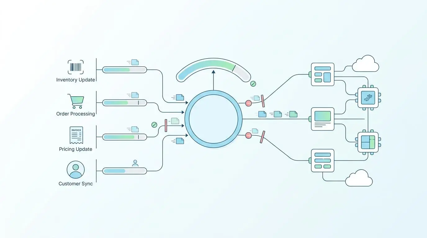 Diagram showing inventory, order, pricing, and customer sync data flowing to a central processing hub for automated dynamic pricing.