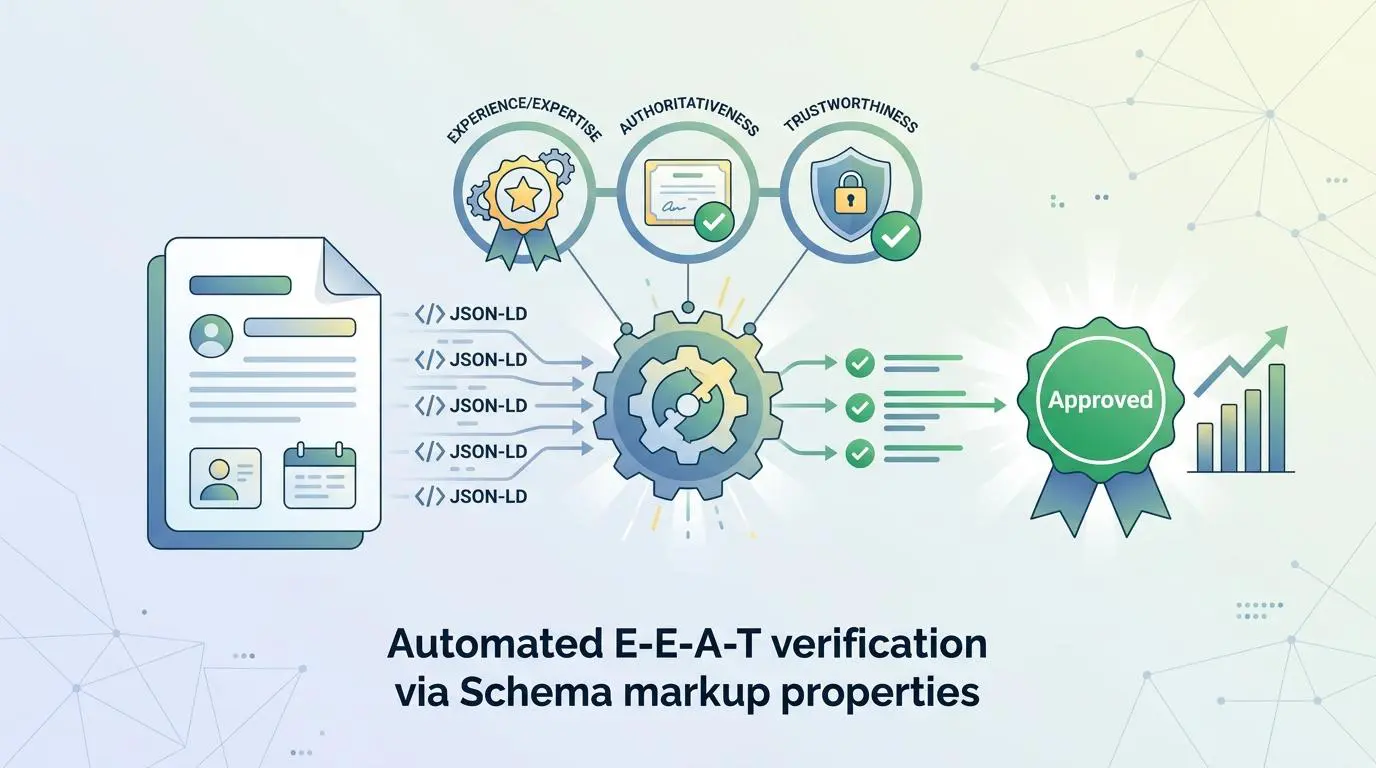 Automated E-E-A-T verification using JSON-LD Schema markup properties to improve search engine market share.