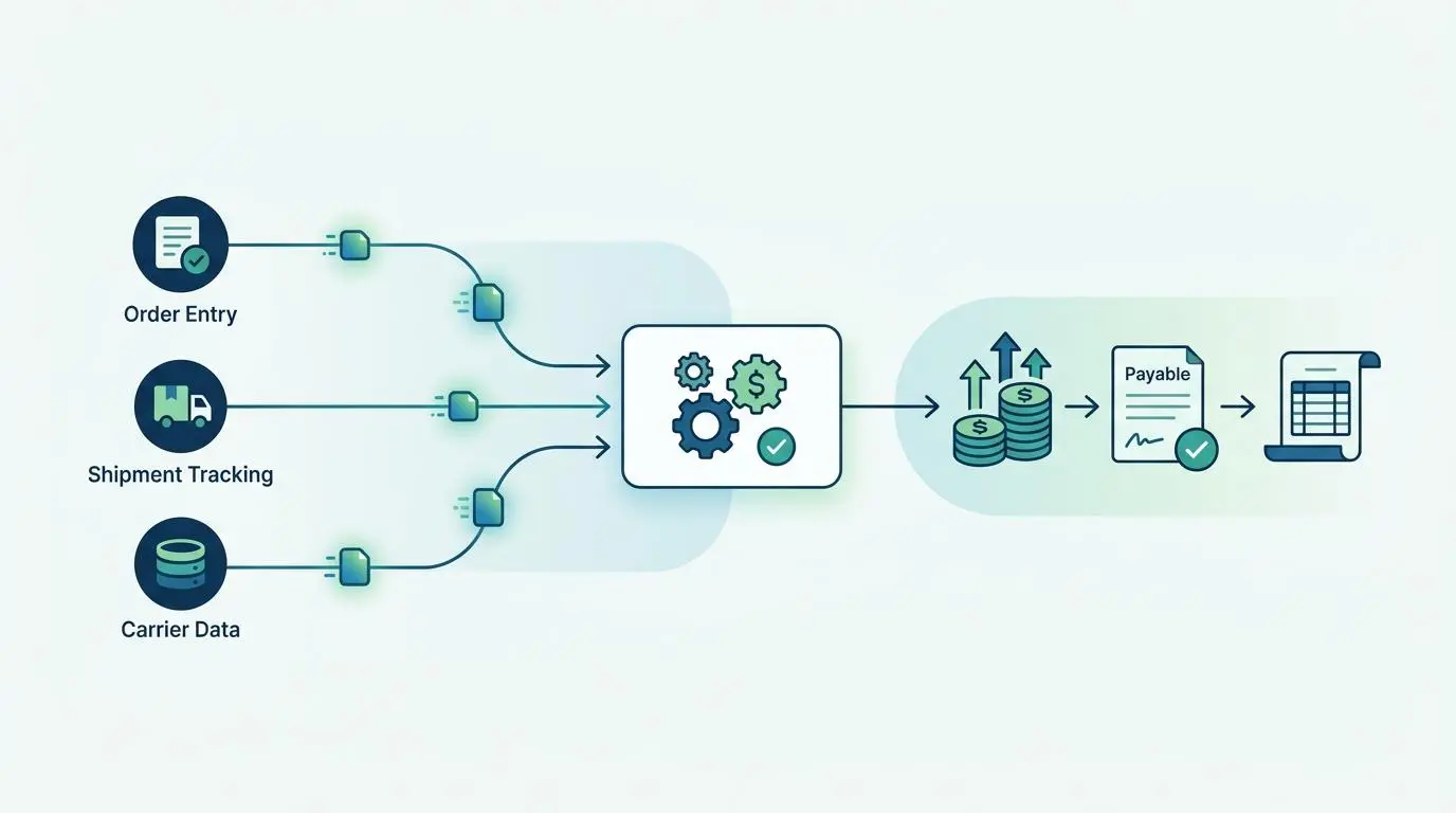 Automated settlement processes with Order Entry, Shipment Tracking, and Carrier Data feeding into financial processing.