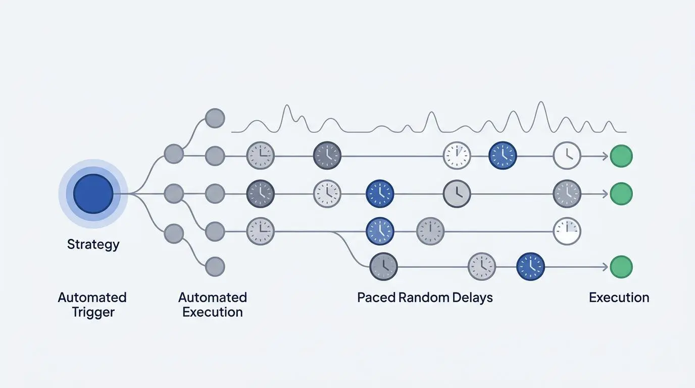 Flowchart illustrating automated execution with paced random delays for real-time LinkedIn connection syncing.