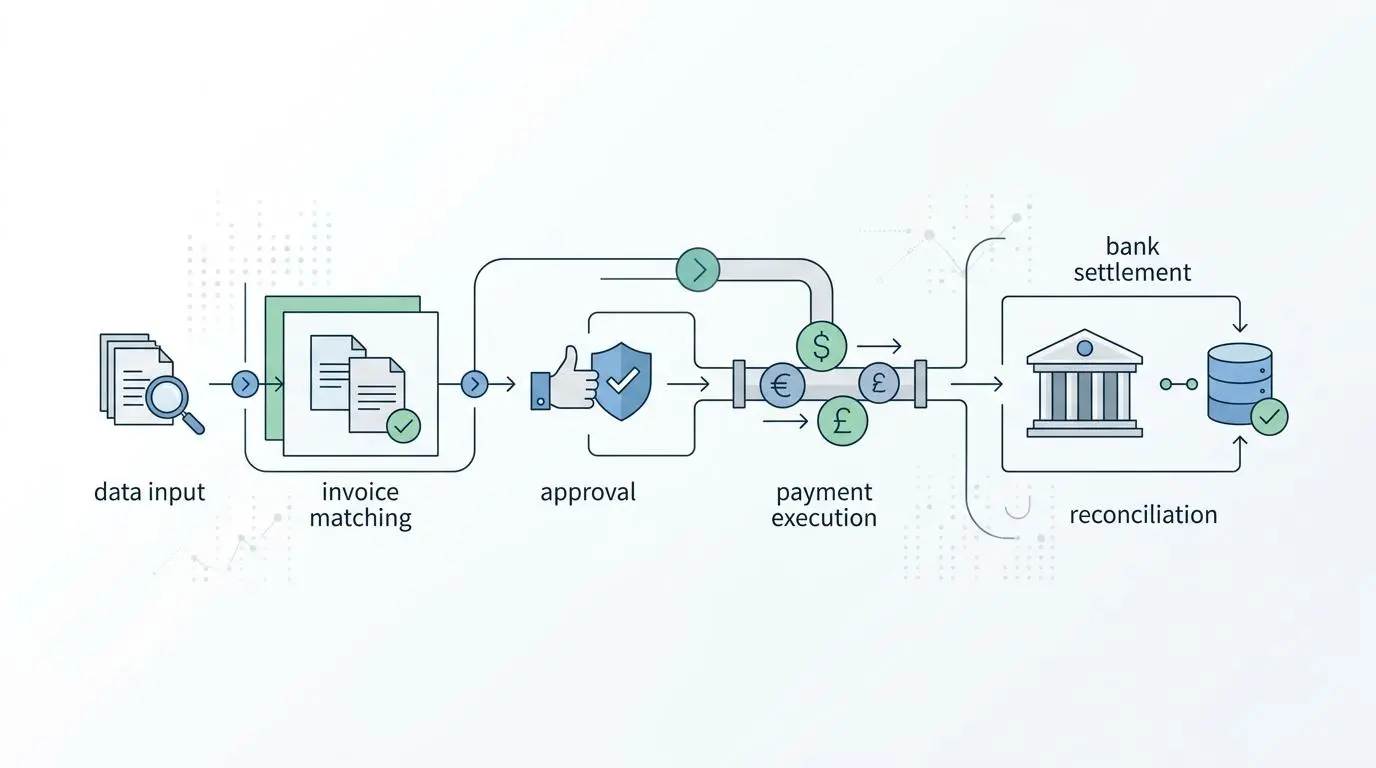 Workflow diagram showing data input, invoice matching, approval, payment execution, bank settlement, and reconciliation for automated payments.