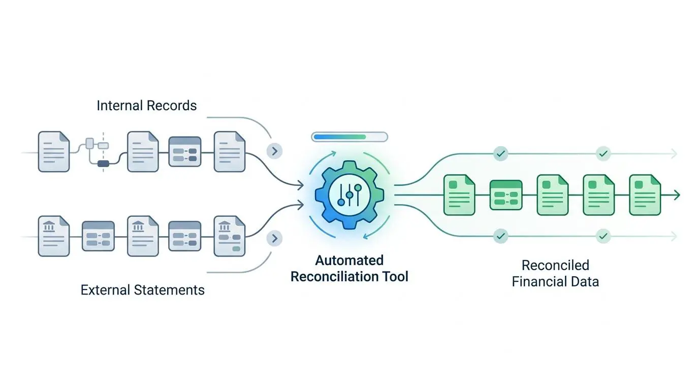 Automated reconciliation tool processing internal records and external statements for tax avoidance clarity.