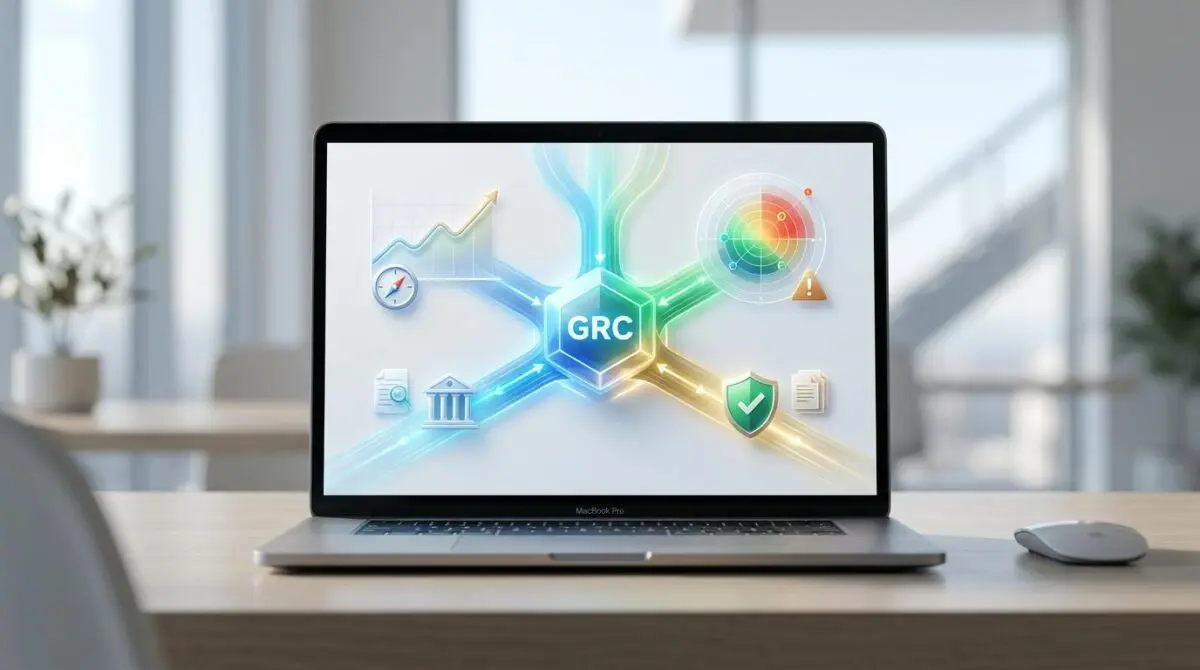 Automated governance risk and compliance platform interface shown on a laptop screen, centralizing processes. By Andres SEO Expert.