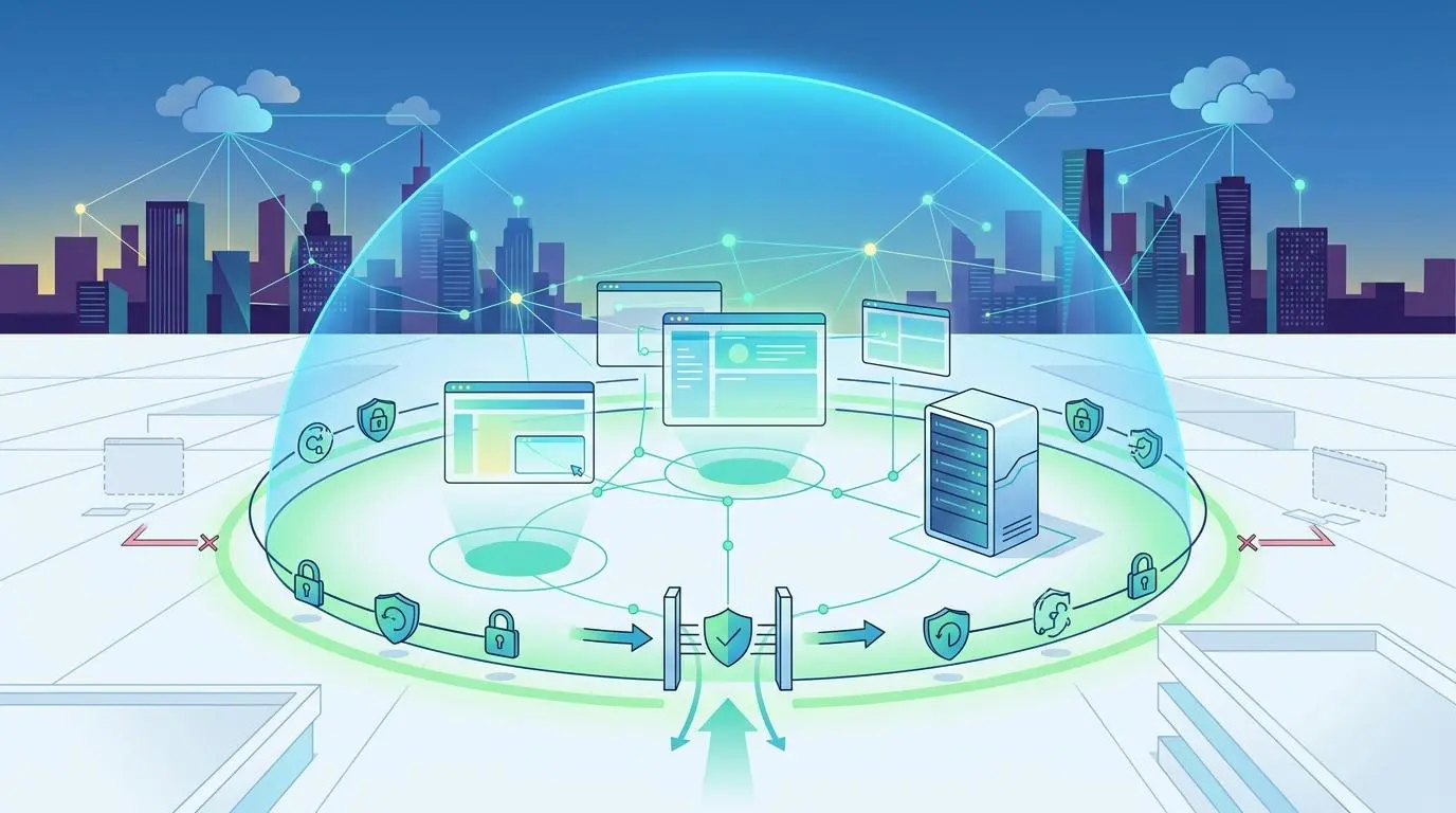 Geofenced VDI security protocols protecting virtual desktops and servers for remote developers.