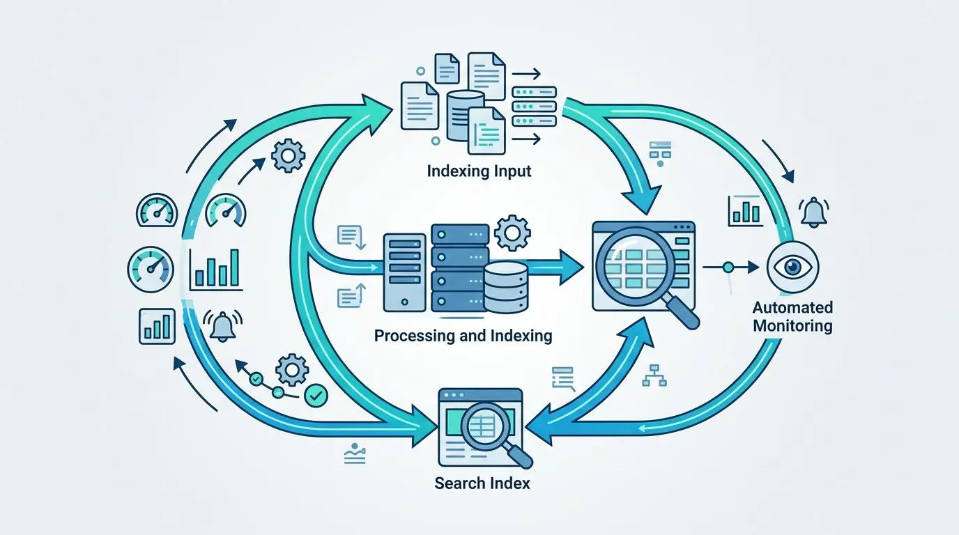 Closed loop indexing pipeline architecture visualizing automated monitoring and processing for URL inspection API bulk querying.