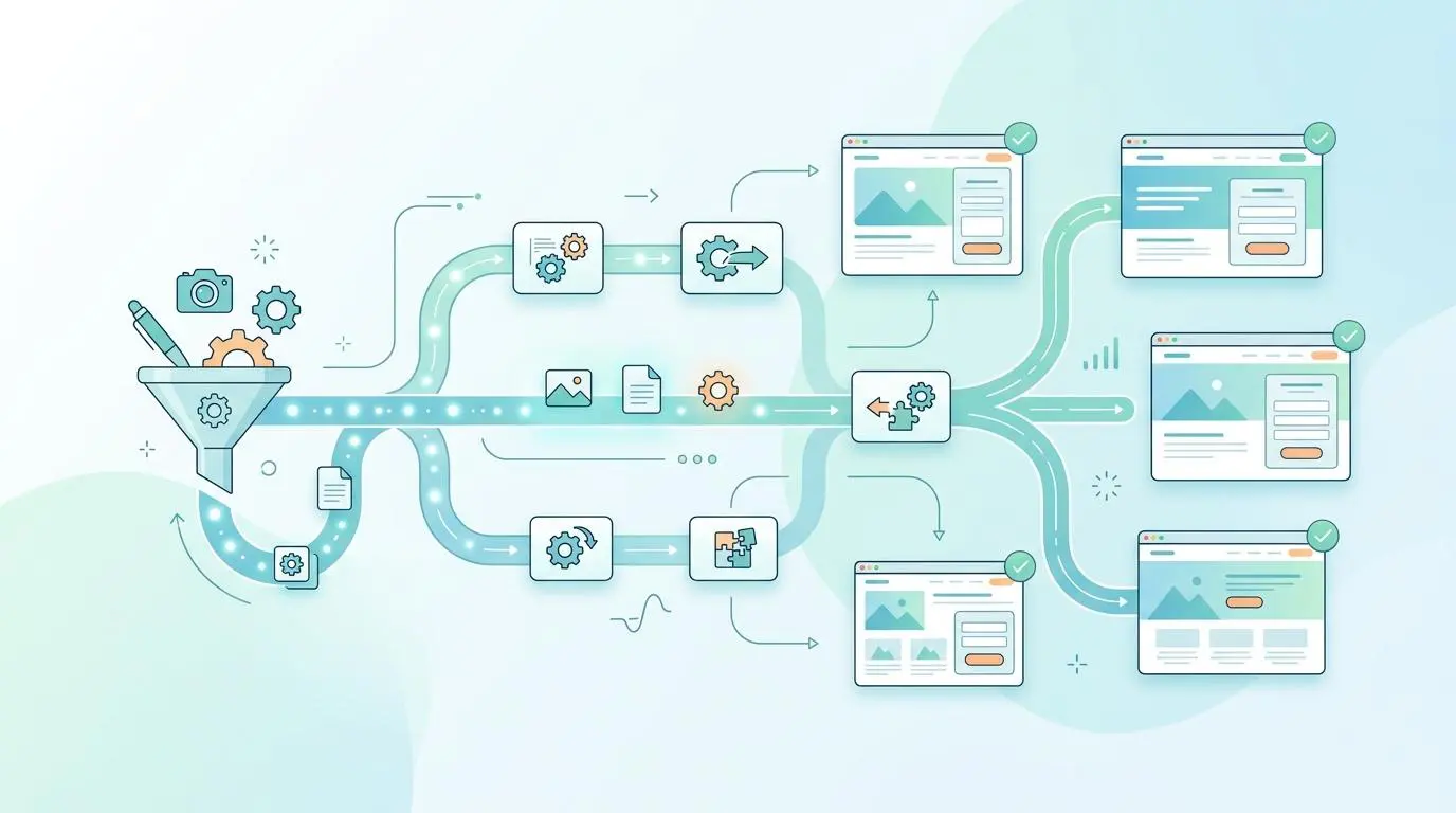 Flowchart showing automated creation of personalized landing pages from Facebook ad clicks for high-ticket leads.