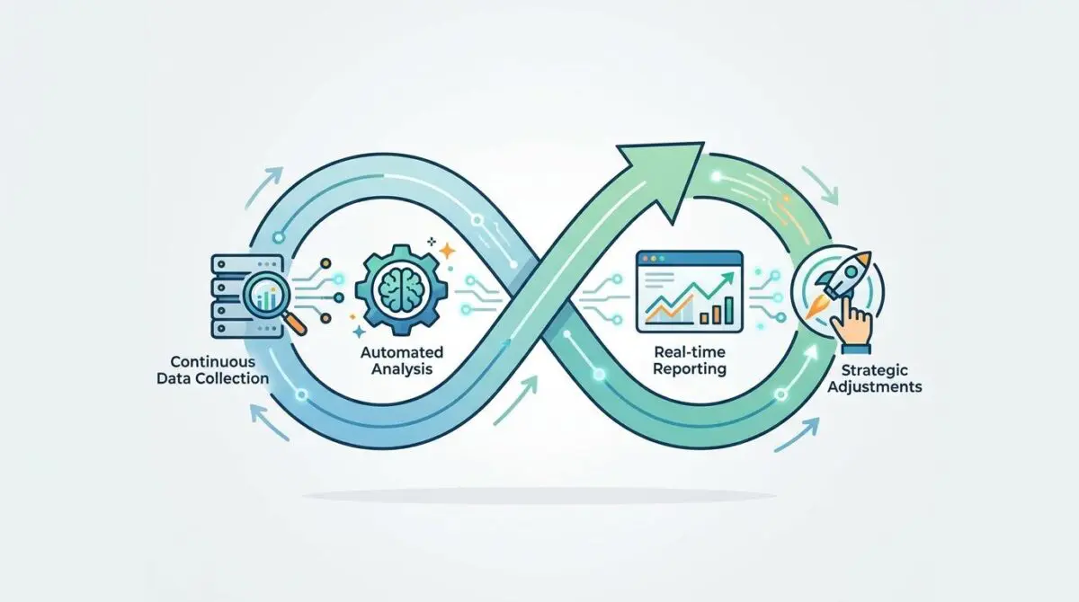 Infographic showing continuous data collection, automated analysis, real-time reporting, and strategic adjustments for performance management software.