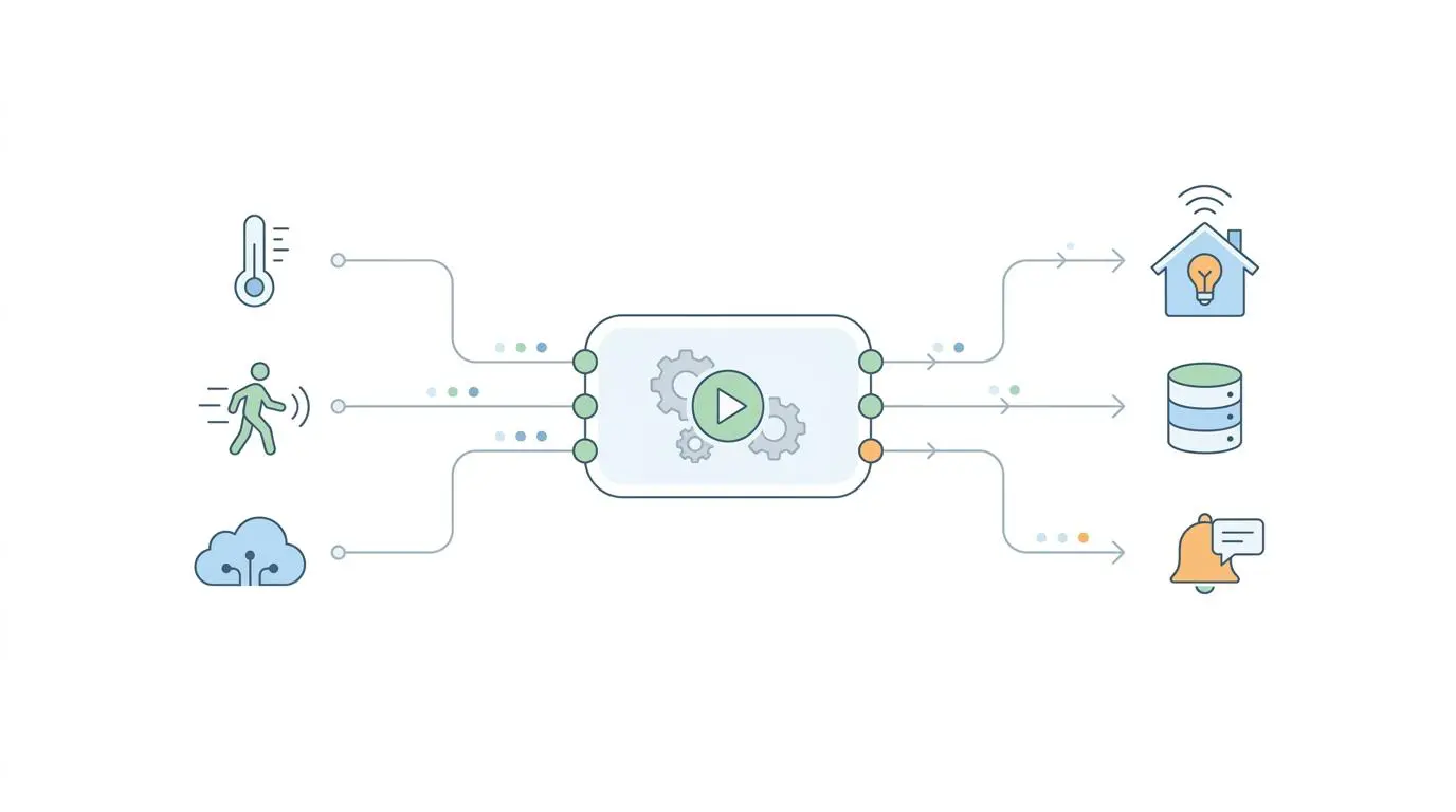 Automated predictive maintenance data flow: IoT sensors trigger alerts, data storage, and smart home actions.