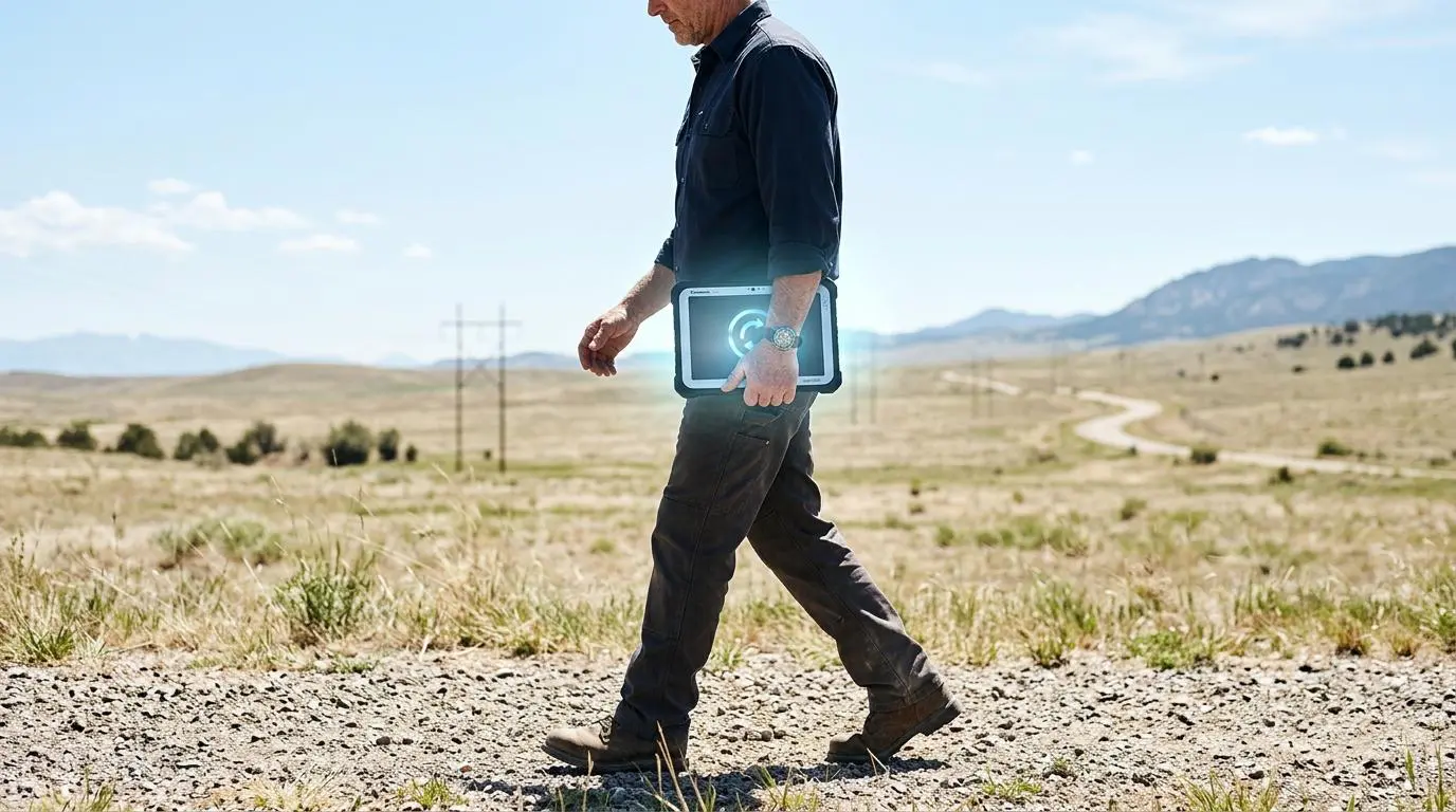 Field technician with tablet for automated predictive maintenance deployment via IoT cell tower data.