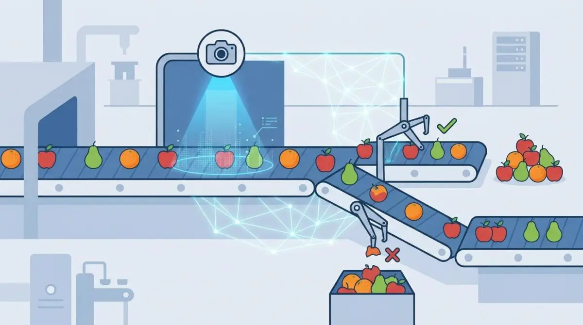 Automated produce sorting system with computer vision camera and conveyor belts for real-time defect rejection.