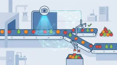 Automated produce sorting system with computer vision camera and conveyor belts for real-time defect rejection.