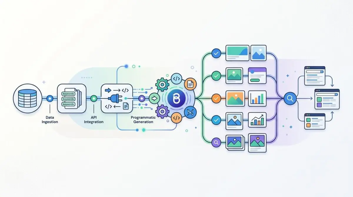 Diagram showing automated programmatic SEO workflows via Bannerbear API for data-driven content generation.