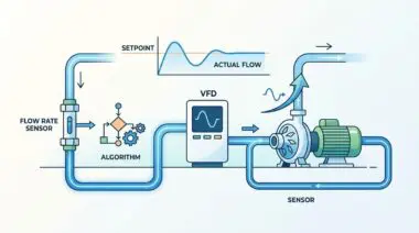 Automated VFD pump speed control system adjusting flow based on sensor data.