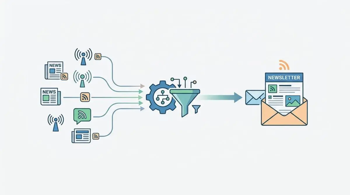 Automated news newsletter curation process: RSS feeds filtered into a newsletter.
