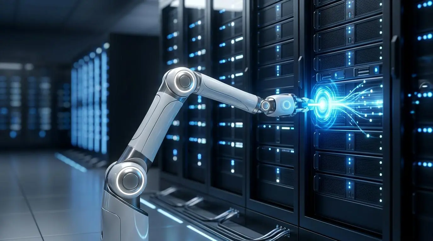 Robotic arm applying automated real-time patching to server racks for prioritizing security vulnerabilities.