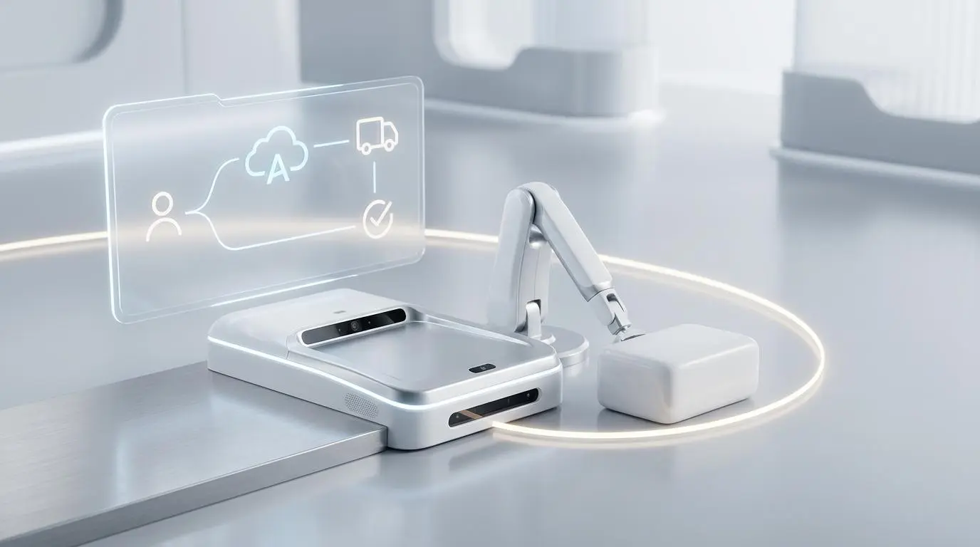 Automated zero touch customer return portal system with robotic arm for instant shipping label creation.