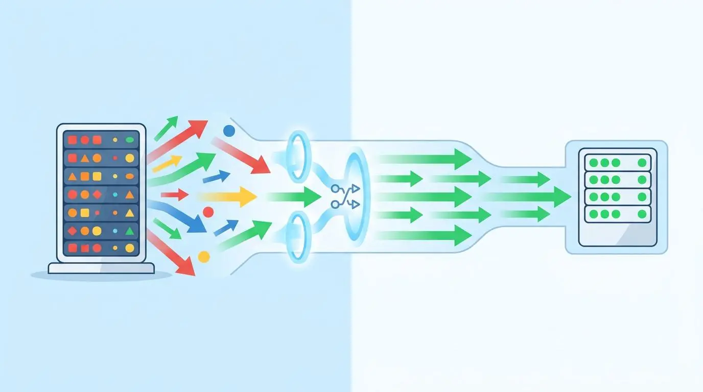 Server optimization: Data streams converging and redirecting for automated crawl budget management.