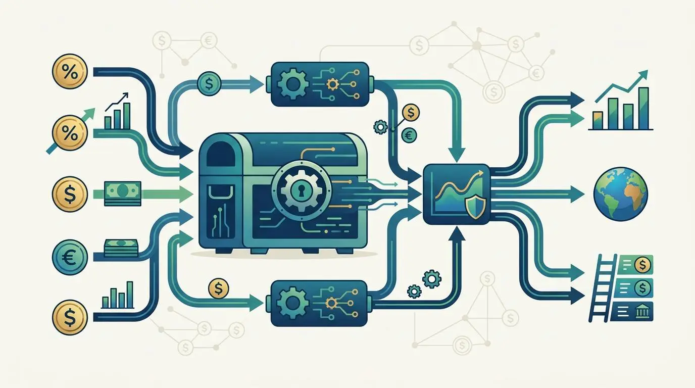 Automated treasury systems with data flows representing self-driving finance.