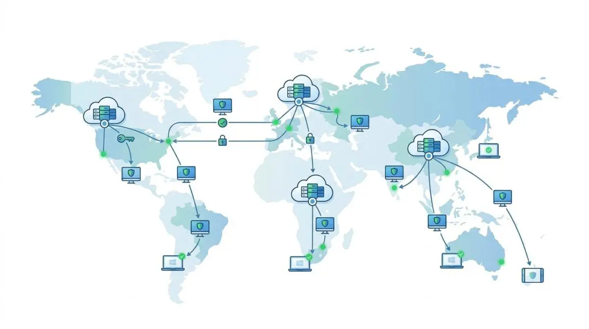 Global map showing secure VDI provisioning via cloud servers and remote developers.