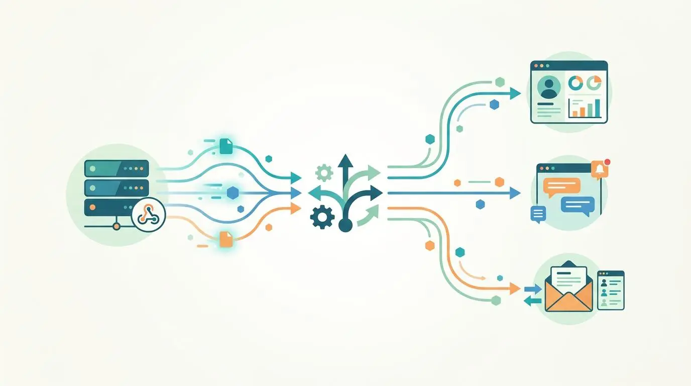 Diagram showing webhook routing from servers to outreach platforms for automated detection of unlinked brand mentions.