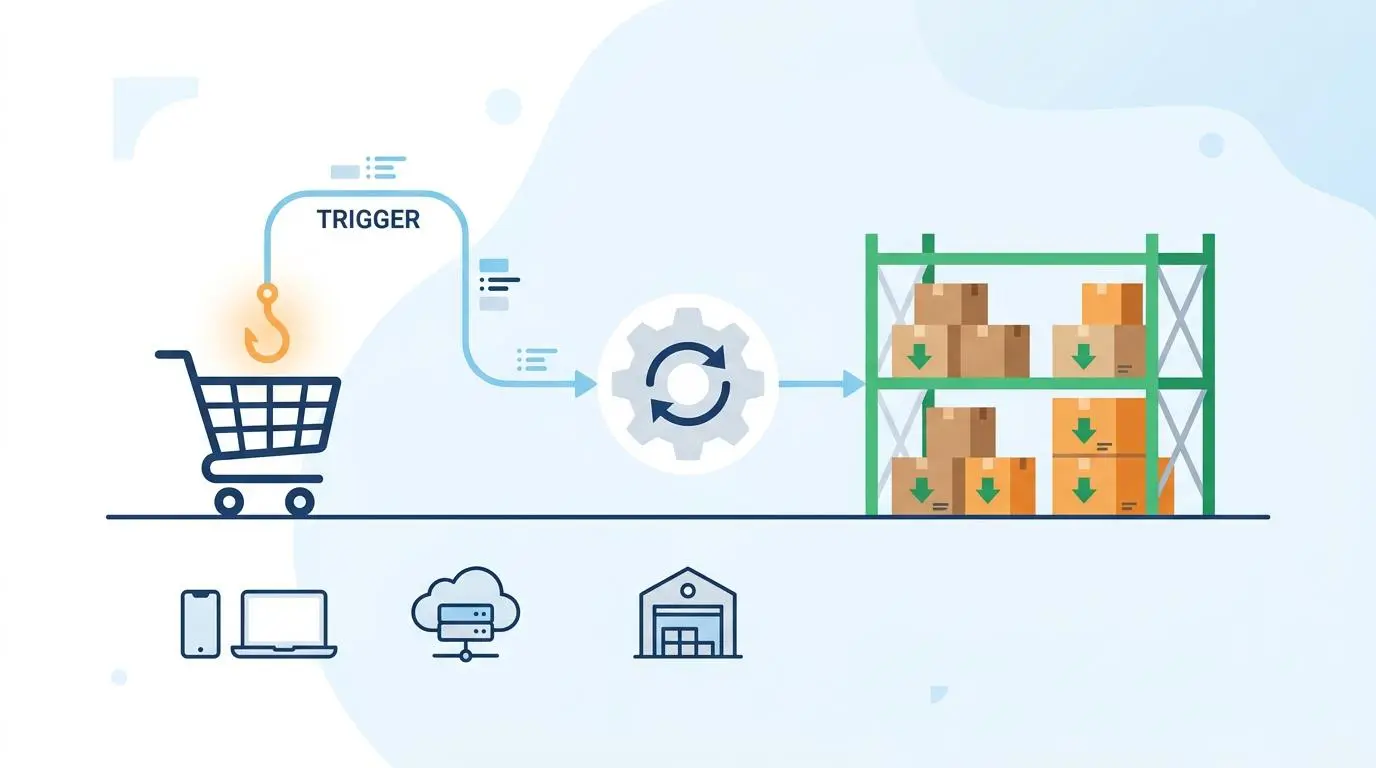 Automated webhook triggers connect a shopping cart to warehouse inventory, syncing stock.