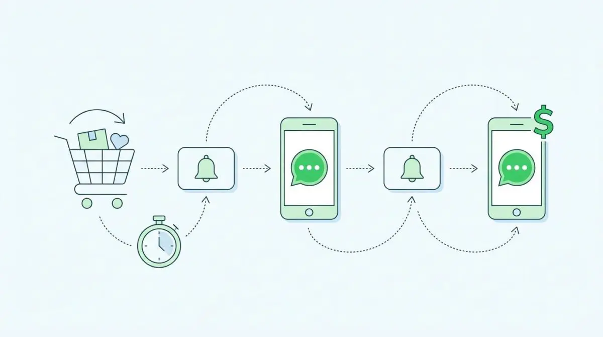 Flowchart of automated WhatsApp abandoned cart recovery: shopping cart, timer, notifications, and revenue generation.