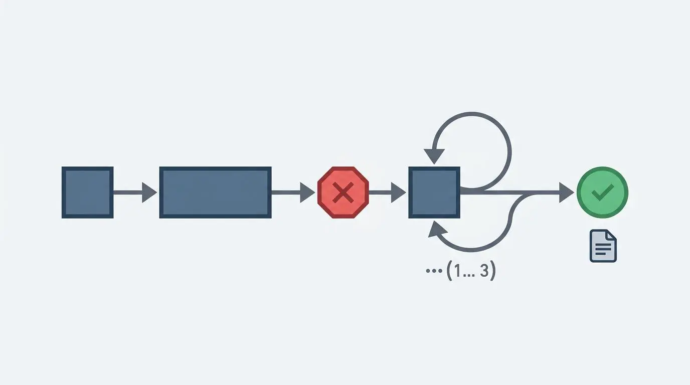 Automated workflow diagram showing error handling and retry logic for financial report generation via Telegram.