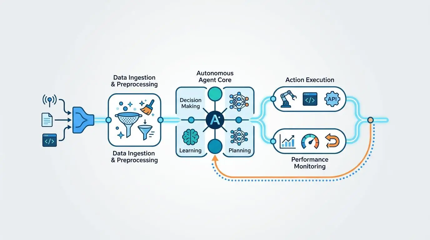 Autonomous AI agent workflow pipeline showing data ingestion, core processing, and action execution.