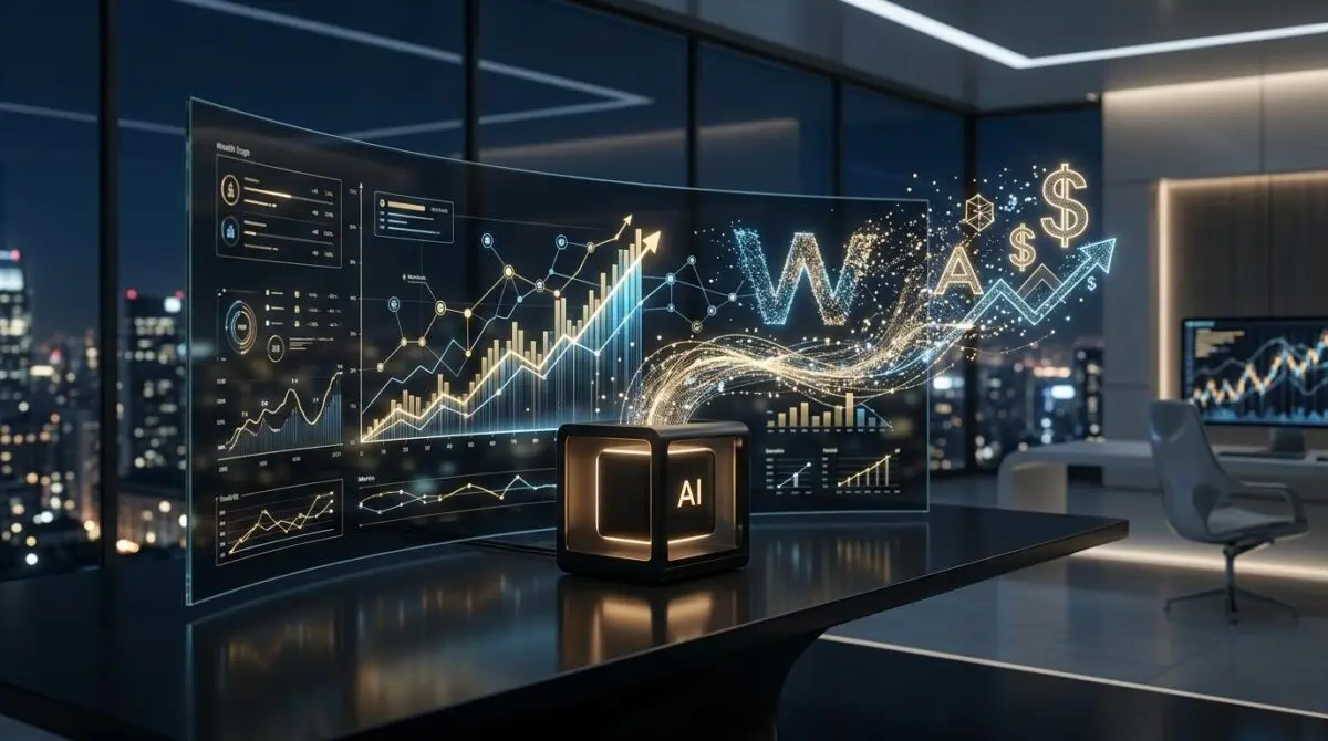 Autonomous AI trading engine projecting financial growth charts and dollar signs in a modern office. The Future of Robo-Advisors.