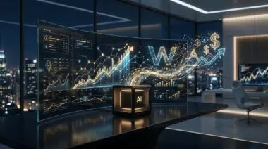 Autonomous AI trading engine projecting financial growth charts and dollar signs in a modern office. The Future of Robo-Advisors.