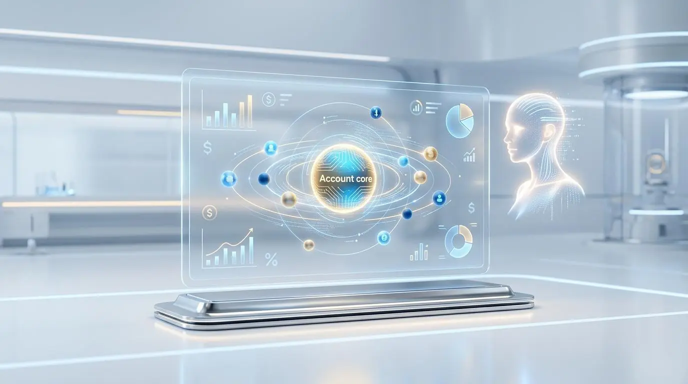 Futuristic display showing 'Account core' with data visualizations and a glowing AI head, for customer success platforms.