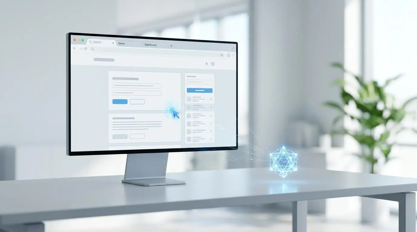 Computer screen displaying browser control interfaces for autonomous agent use, with a glowing digital node. Optimized for ChatGPT.