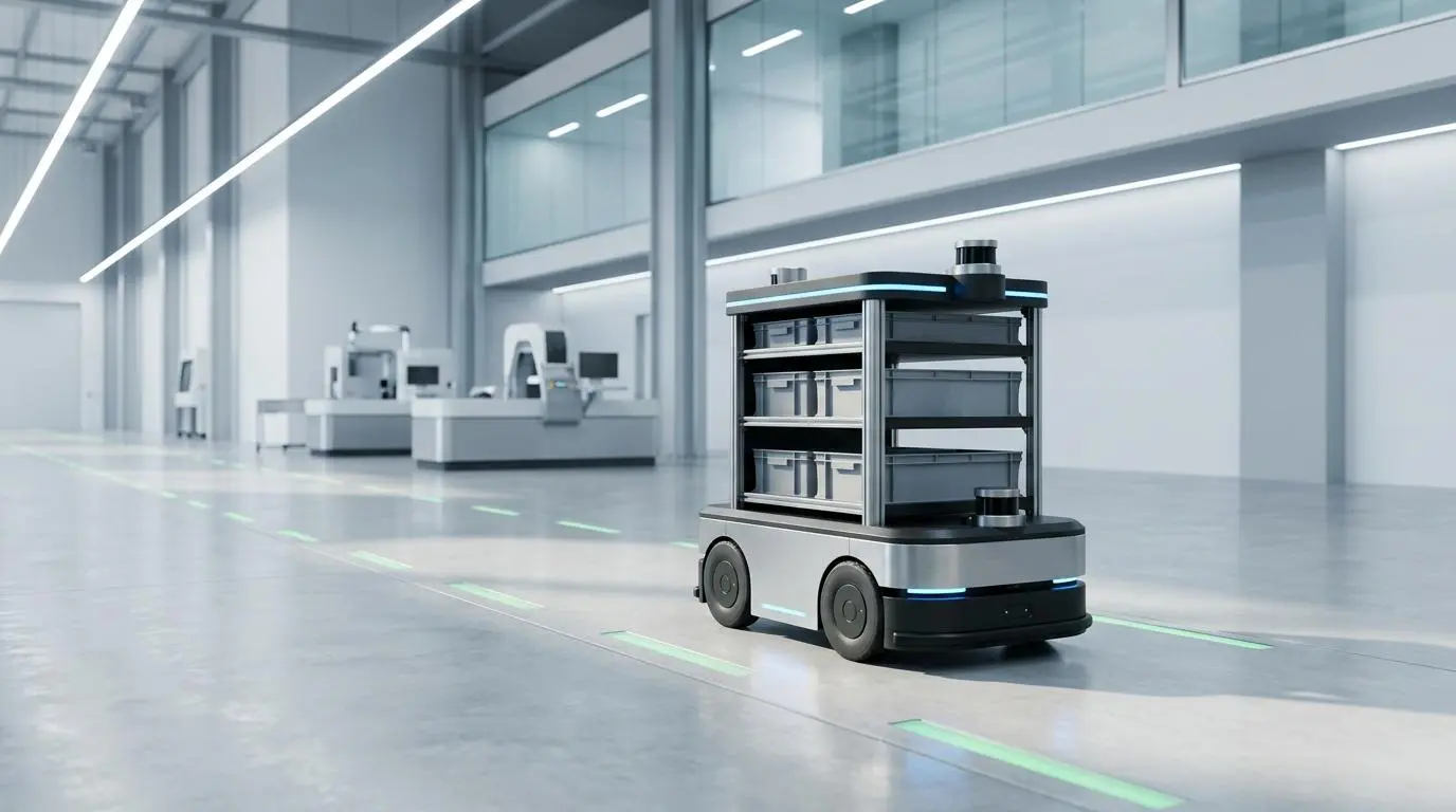 Autonomous supply chain robot navigates an industrial factory floor, enhancing efficiency for Baidu Ernie Bot Platform applications.