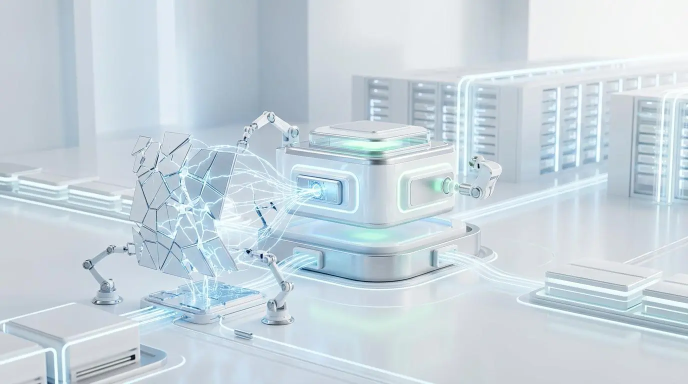 Robotic arms reconstruct a fractured system, showcasing autonomous incident management in cloud-native observability.